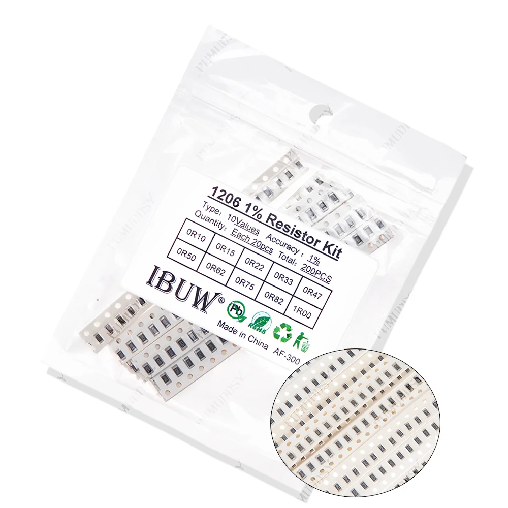 200PCS 1% 1206 SMD Resistors Assorted Kit Set PUMUDDSY 10 ValueX20pcs=200pcs 1R00 R820 R750 R620 R500 R470 R330 R220 R150 R100