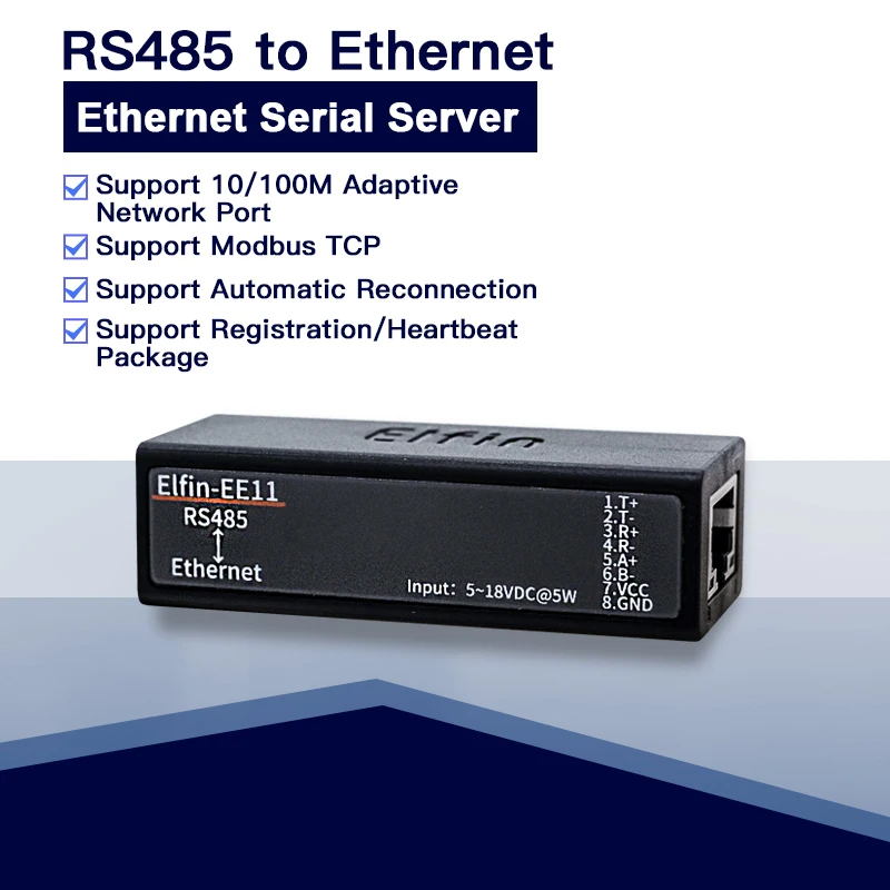 Puerto serie RS485 a servidor de dispositivo Ethernet, convertidor de datos IOT, compatible con protocolo Elfin-EE11 EE11A, TCP/IP, Telnet, Modbus,