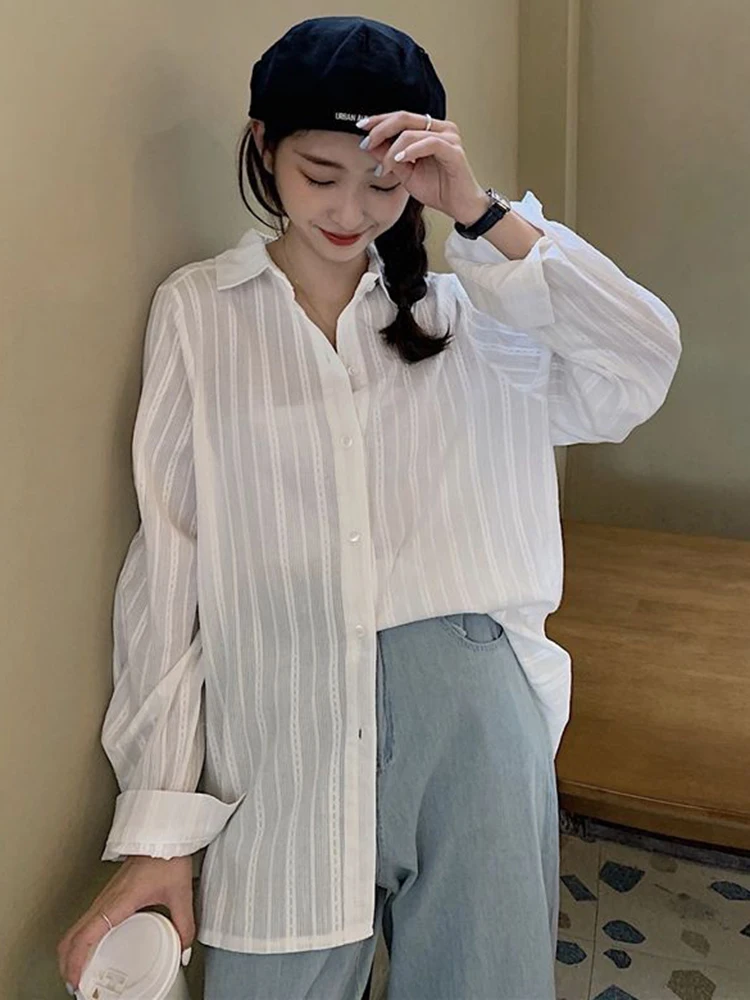 Zoki Casual Korean Striped White Shirt Women Fashion Simple Long Sleeve Loose Blouse Fall Lazy Wind Oversize Chic Sweet Tops New