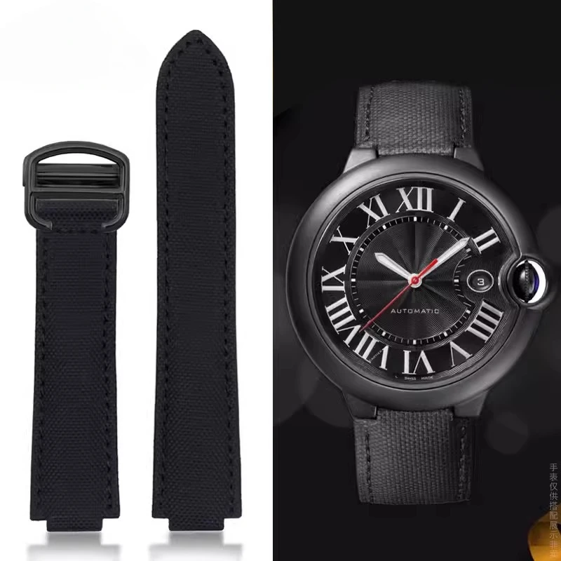 

For Cartier Ballon Bleu WSBB0015 Black Bay Convex Interface Bracelet Black Canvas Nylon Watch Strap Solid Steel Folding Buckle