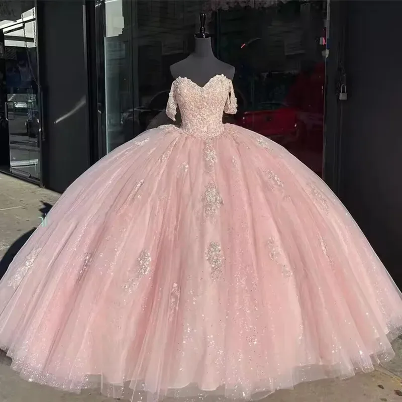 

Розовое бальное платье принцессы, платья Quinceanera, Vestidos De 15, блестящее кружево в форме сердца, XV, вечеринка по индивидуальному заказу