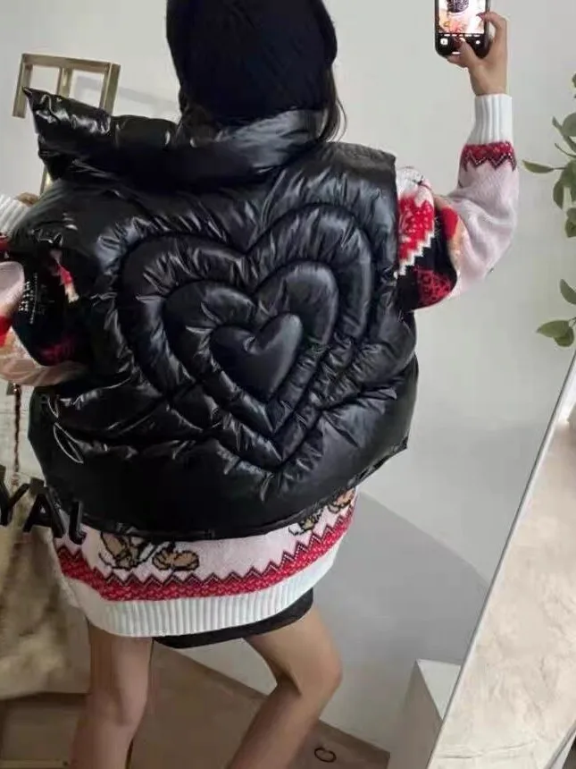 Korean Style Cotton Vest 2026 Autumn Winter Back Heart Design Collarless Sleeveless Women's Fashion Cotton Jacket