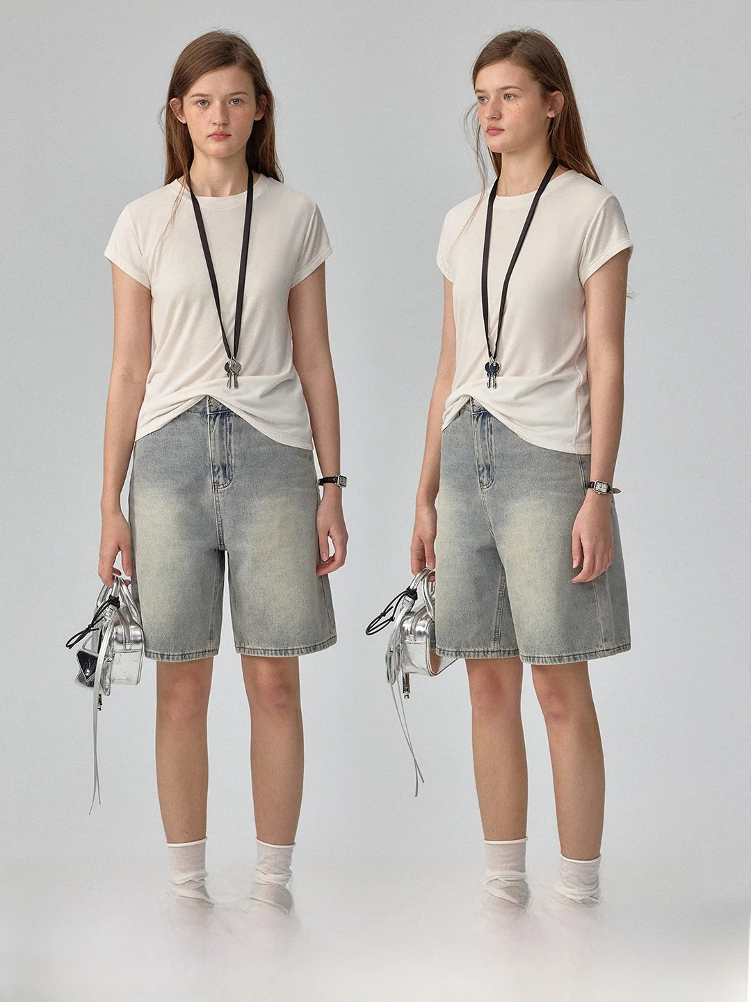 

plus Gradient Blue Denim High Waist Shorts Women's Spring Summer Vintage Washed Cotton Blend Loose Fit Trousers