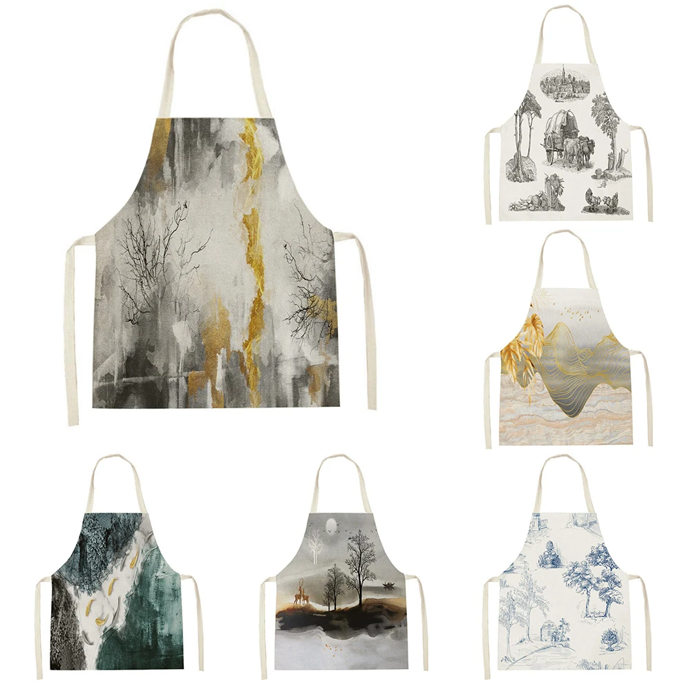 Chinese Ink Painting Kitchen Apron Home Clean White Gold Mountain View Apron Home Cooking Baking Adult Children Women Baking Bib