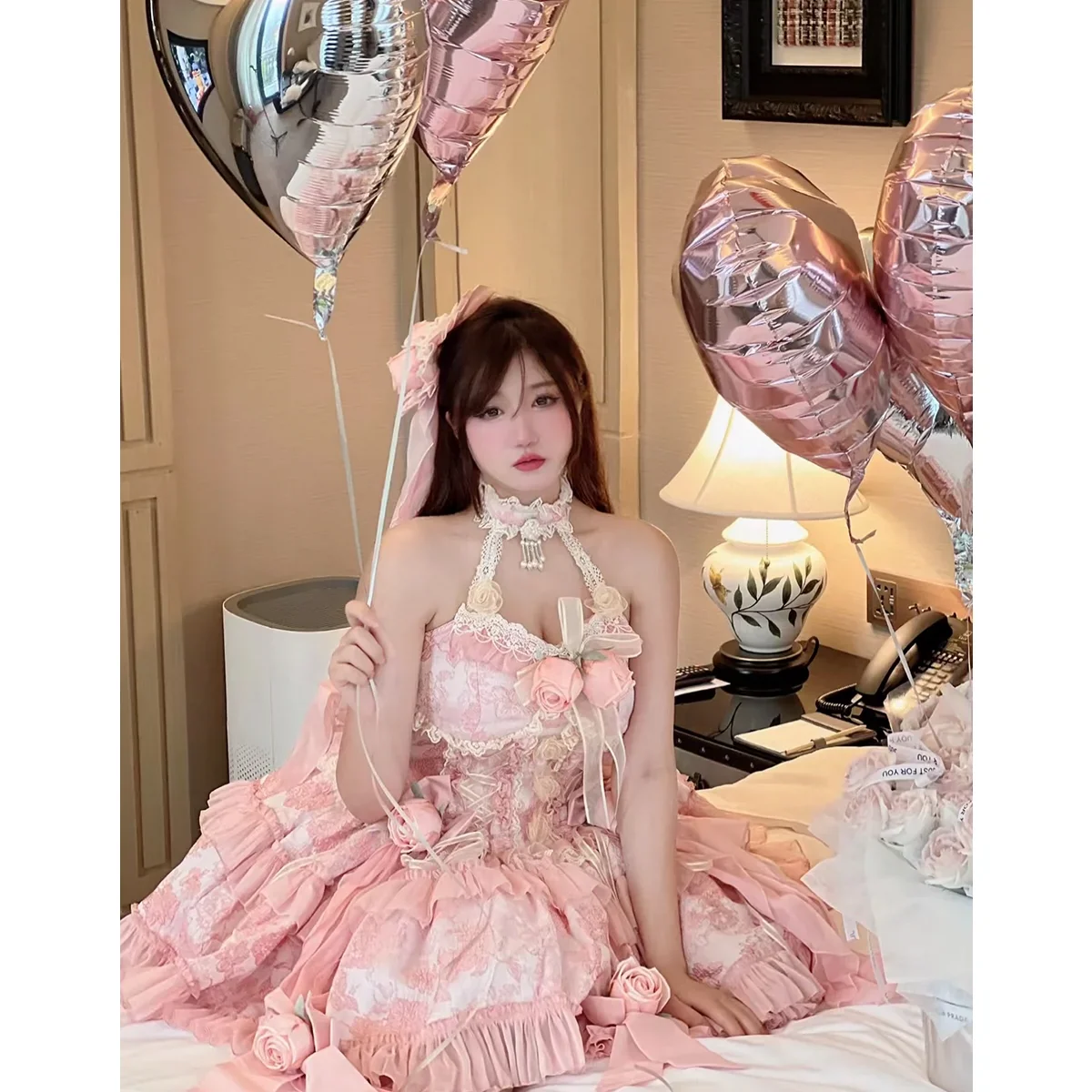 Japanese Harajuku Style Pink Dress for Women, Lolita Slim, Sweet, Kawaii, Fishbone Rose, Jsk Dress, Cool Girl Fashion, Original,