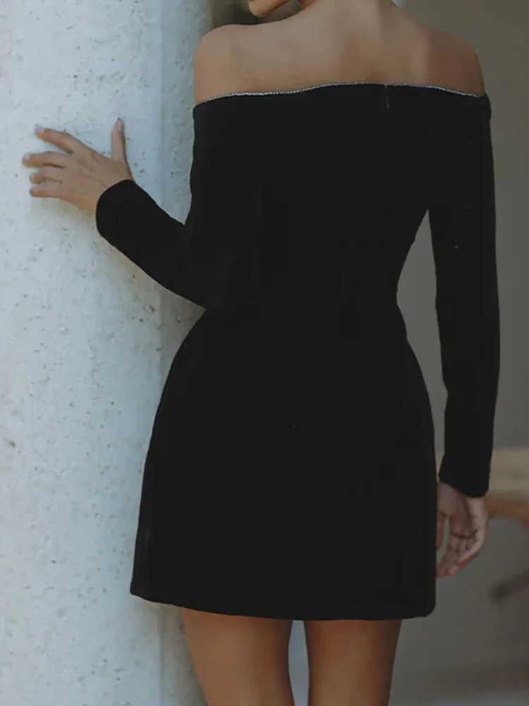 Women Slash Neck Elegant Black Party Dress, Autumn Female Retro Long Sleeve Slim Mini Dress, 2025 Spring Casual Ladies Dresses