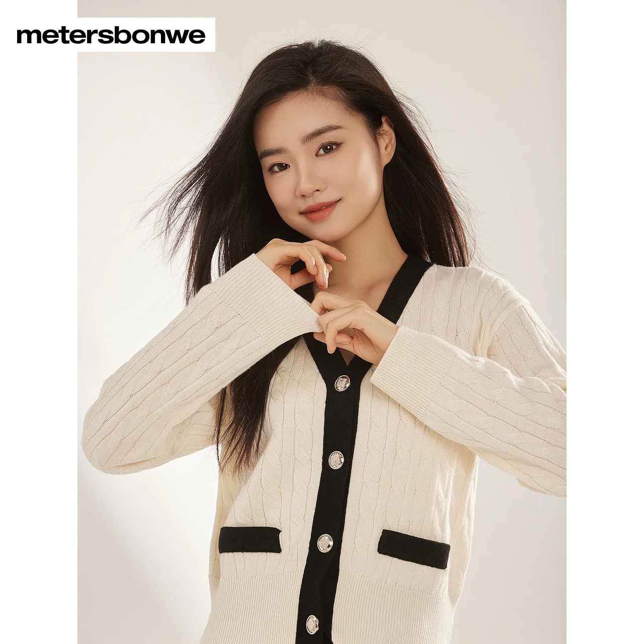 Metersbonwe-New Women\'s Knit V-Neck Cardigan Color Clash Short Sweater Commuter Office Lady Elegant Wear Autumn Winter