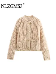 TRAF Autumn Chunky Knitted Women Cardigan Sweater Thick Wrist Sleeve Metal Buttons Pockets Jacket Y2K Crop Top