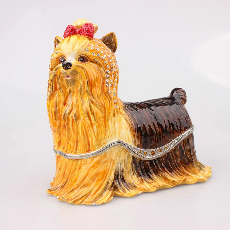 Yorkshire Terrier Dog Bejeweled Trinket Keepsake Box Figurine Gift Ring Holder Jewelry Container Metal Ornament