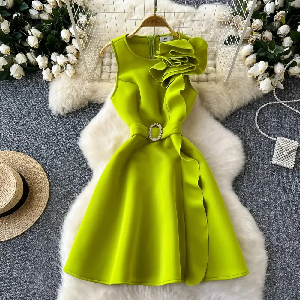 Sexy o neck Three-dimensional flower sleeveless Dress Chic Elegant Vestidos Vintage party Women Fashion pencil dresses