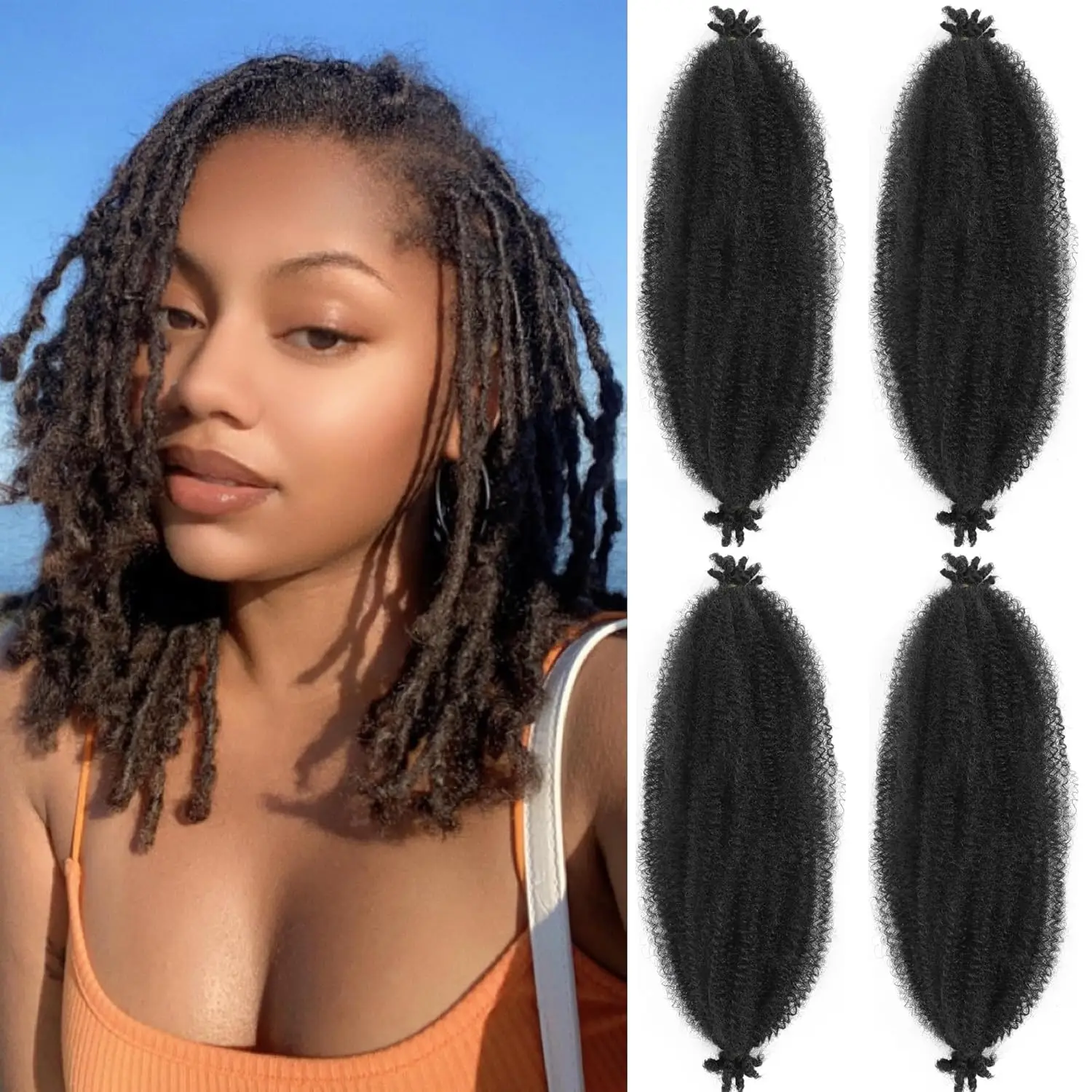 Marley rambut kepang putar, 16 inci 4 pak rambut memutar keriting Afro berpegas untuk mengepang, rambut hitam pre-fluffed Spring Twist