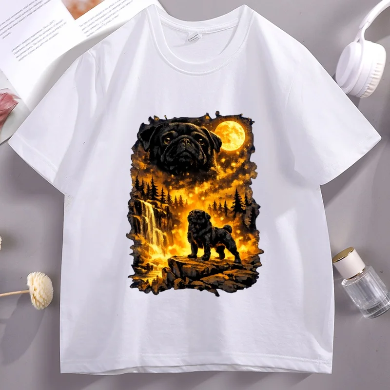 Funny Moon Pug Howling T Shirt Men Women Dog Lover T-Shirt Casual Soft Fitness Summer Short Sleeve Tshirt Comfortable Clothes