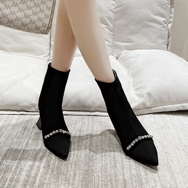 Autumn New Single Boots Women's Fashion Pointed Suede Rhinester After Zipper Temperament Short Boots