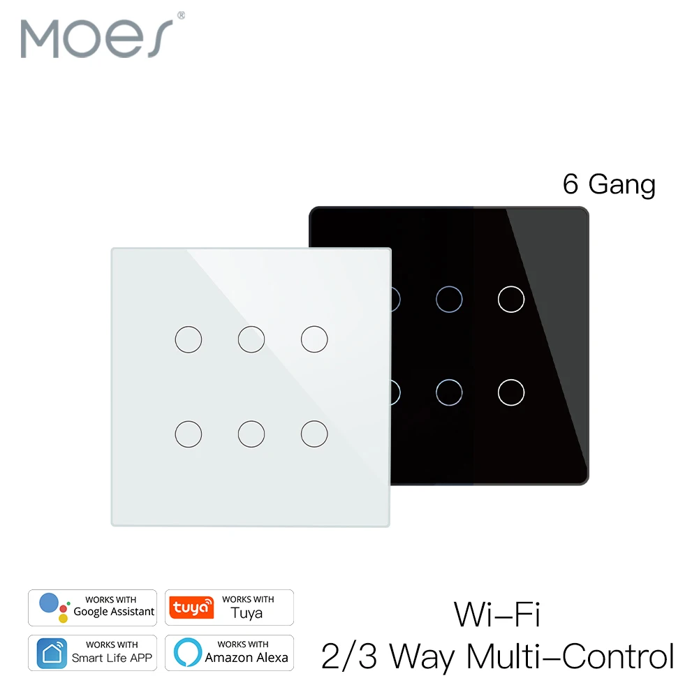 MOES New Smart WiFi 6 Gang Light Switch Smart Life/Tuya App 2/3 Way Muilti-Control Remote Control Works with Alexa Google Yandex