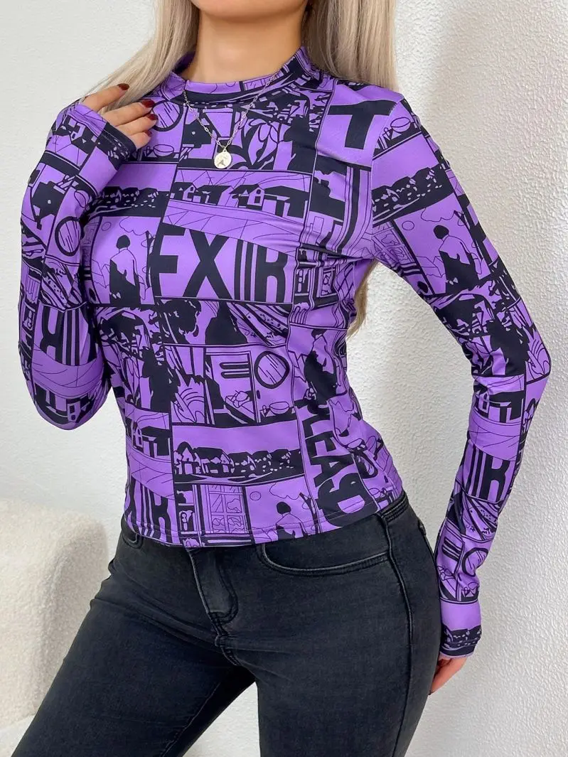 Women's Retro High Neck T-Shirt Slim Fit Short Length Long Sleeve Casual Top