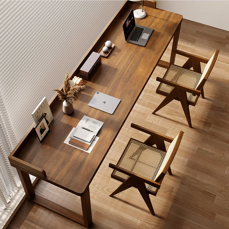 Simple all-solid wood study desk against the wall, long double desk, log style home computer table and chair combination