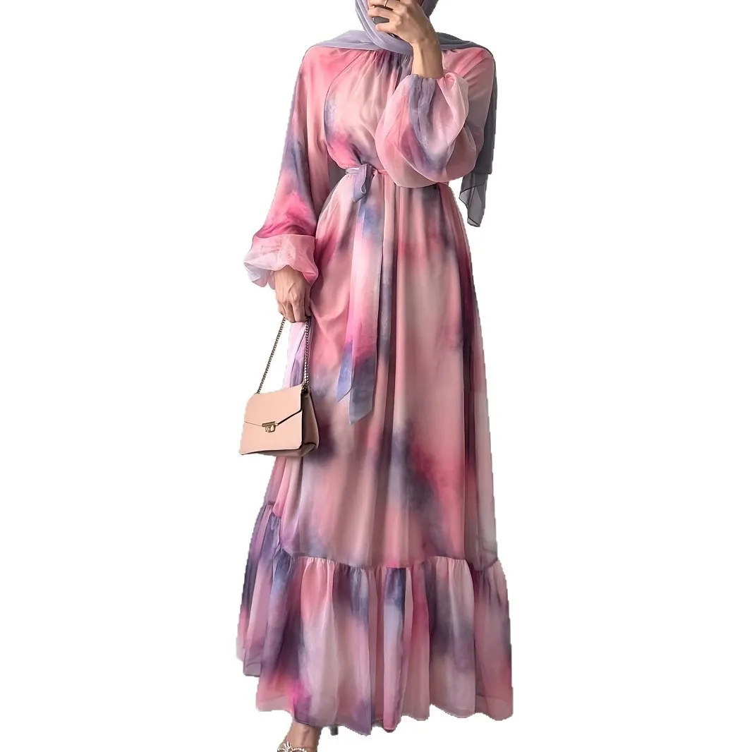 

Ladies' casual and fashionable chiffon round neck tie dye with waistband long style elegant dress