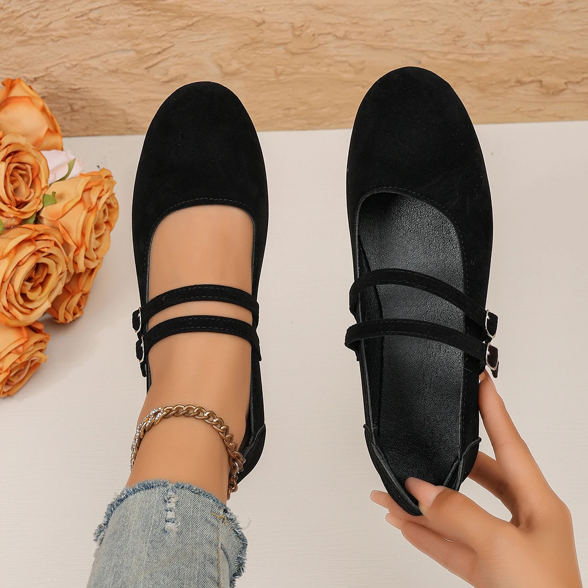 Damen Mary Jane Ballerinas mit doppeltem Riemen, runder Zehenpartie und weicher Sohle, Freizeitschuhe – Detail 15