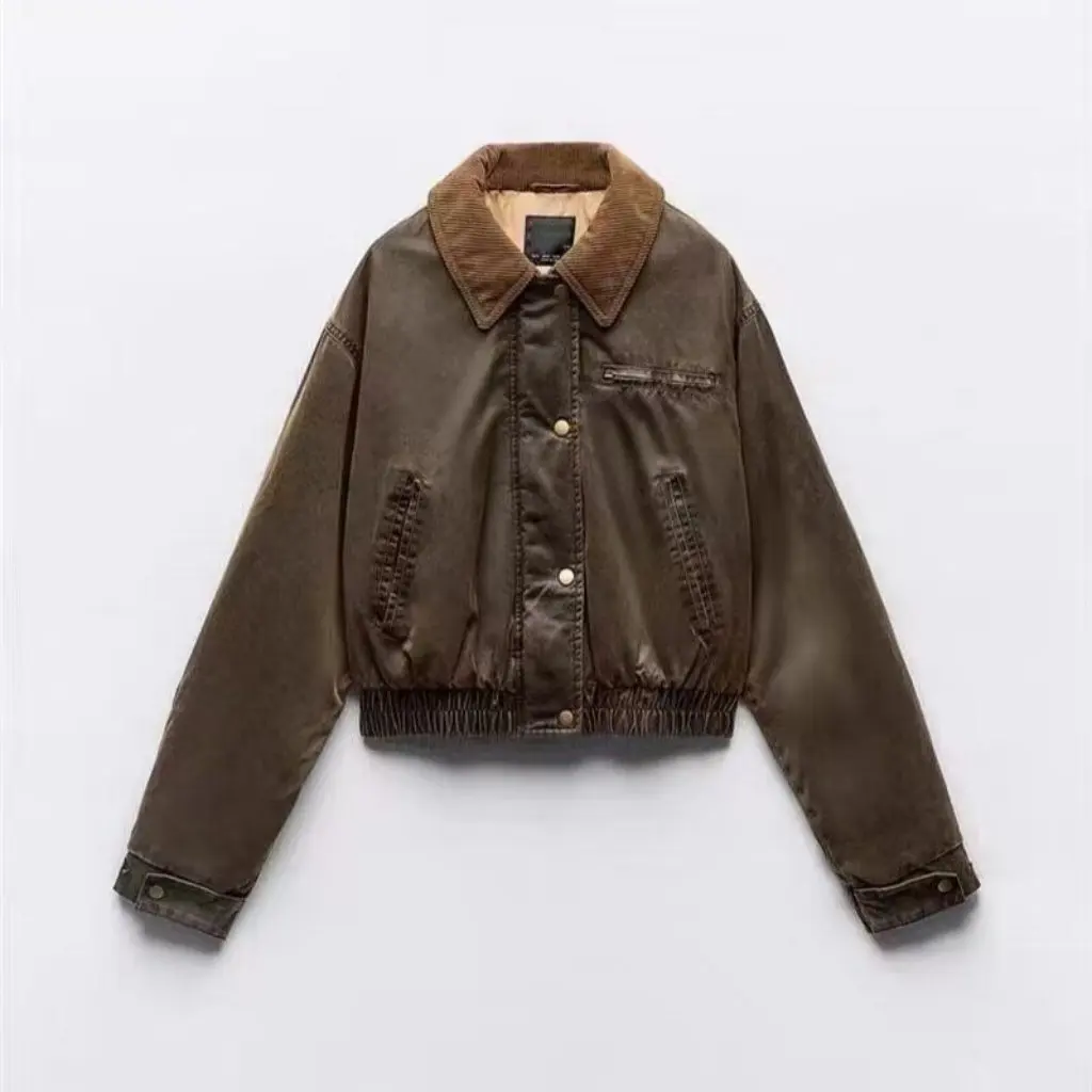 

Women's European And American Style Cotton Jacket for Autumn Winter Warm Color Matching Maillard Wear Casual Top