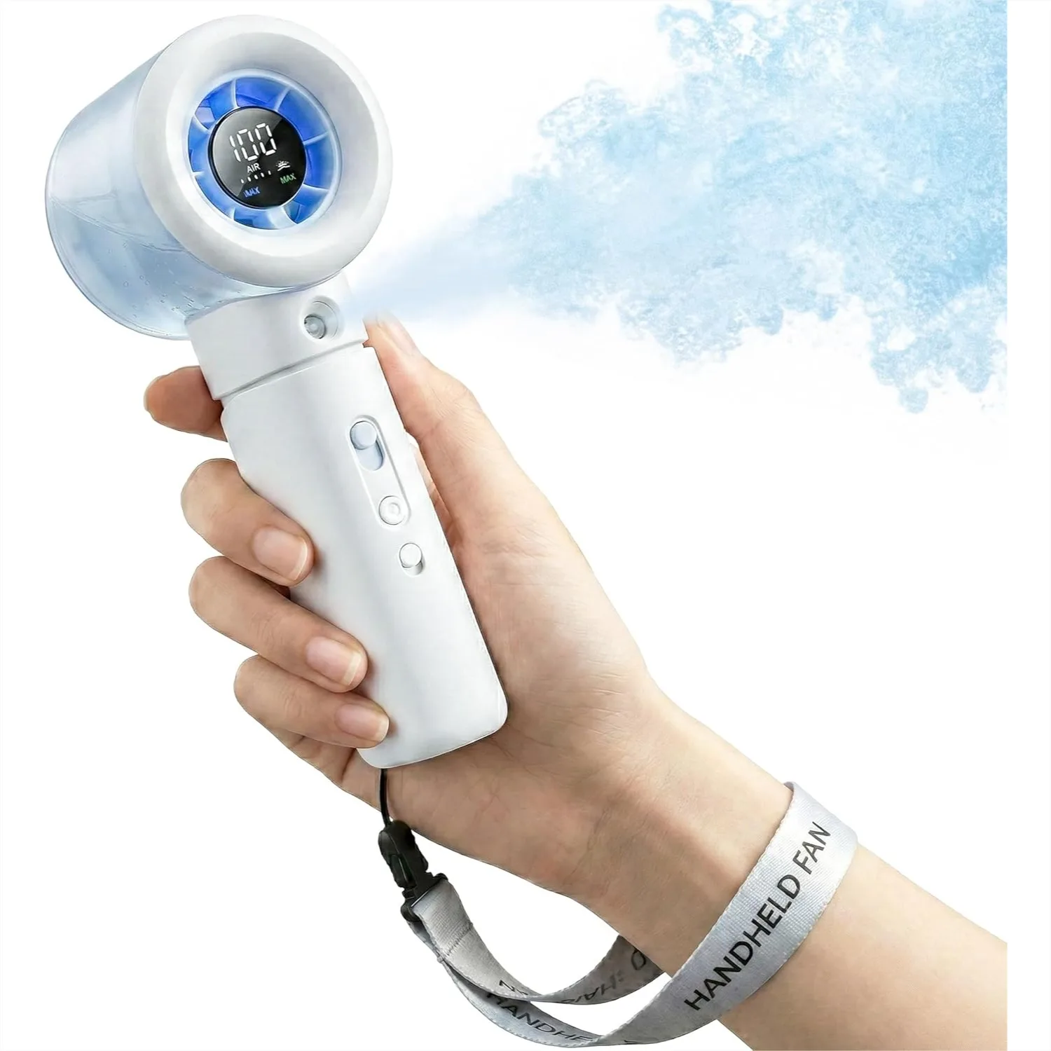 

Handheld Portable Fan with Misting, Safety Lock & LED Display, 20000 RPM Turbo Mini Fan for Travel Outdoor Home Office
