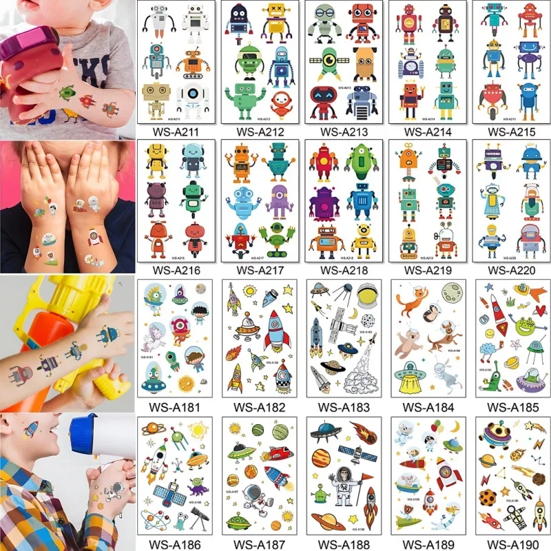 20pcs/set Robot Space Tattoo Kids Temporary for Children Boys Hands Wrist Neck Face Fake Tattoos Stickers Waterproof Party Gift