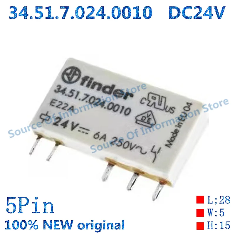 5Pcs 34.51.7.024.0010 DC24V Finder Relay 5Pin 6A250Vac Electrical Components for Automation And Control Systems