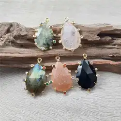 FUWO Wholesale Natural Semi-Precious Stone Pendant,Golden Plated Cubic Zircon Crystal Accessories For Jewelry Make 5Pc/Lot PD480