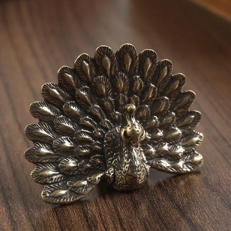 Brass Peacock spreads its veil Statue Desktop Ornament Vintage Animal Figurines Miniatures Decoration Crafts Home Decor