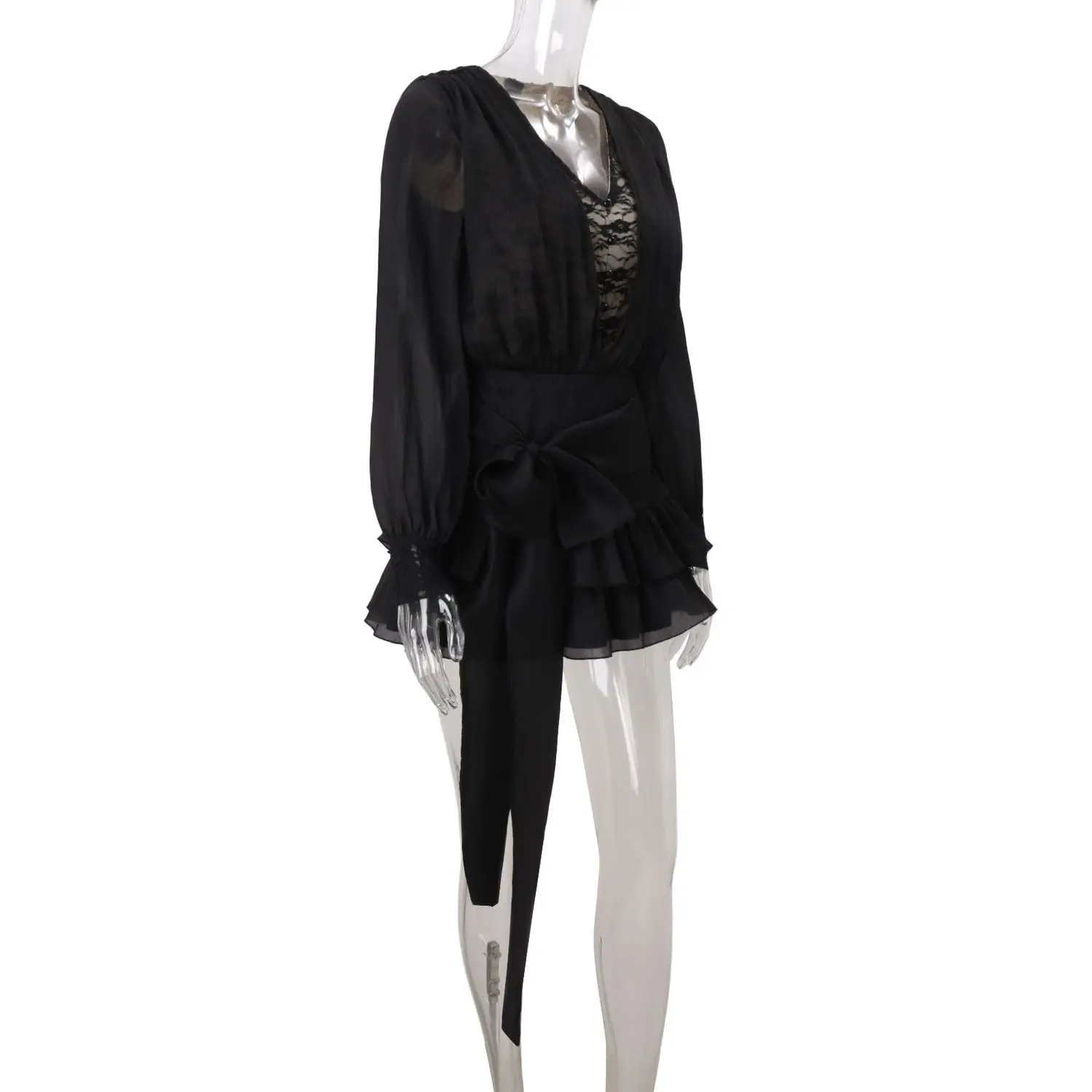 

Lace Splicing Streamer Shirt Dress Women's Autumn New High-end Temperament Waist Skirt