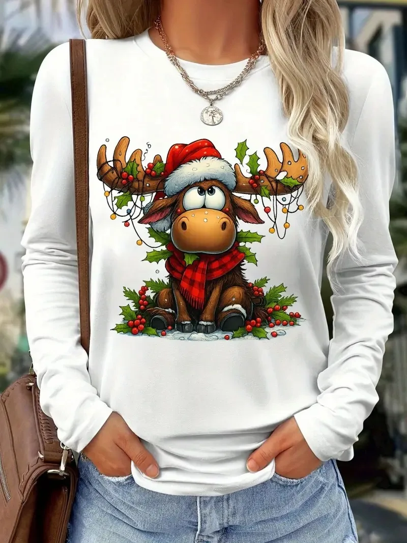 T-shirt à manches longues pour femmes, imprimé renne de noël, imitation coton doux, col rond, haut à la mode, vêtements de fête de vacances décontractés