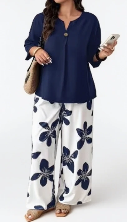 

Женский повседневный комплект из двух предметов: топ с длинными рукавами и вырезом на шее и широкие брюки с цветочным принтом, повседневный наряд для повседневного использования и отпуска