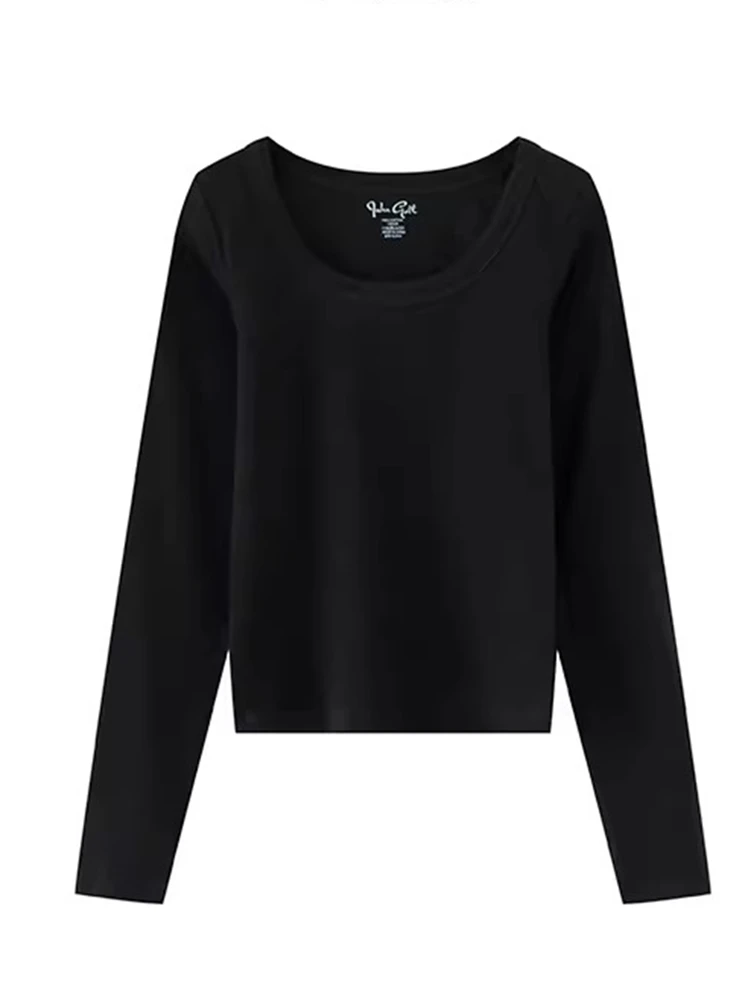 PUWD Casual Women Black Long Sleeve O-Neck Tees 2023 Autumn Elegant Ladies Solid Tees Fashion Female Long Sleeve Chic Tops