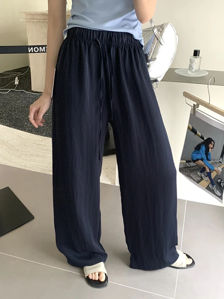 Summer 2025 Wide Leg Pants Elastic Waist Dstring Casual Lazy Sle Versatile Slimming Loose Fit High Waist Knitted Polyester
