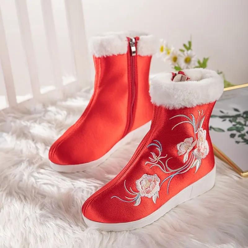 Hanfu chinois bottes brodées chaussures femmes blanc rouge rehausser Hanfu savon bottes courtes chaussures pour femmes grande taille 35-40 #