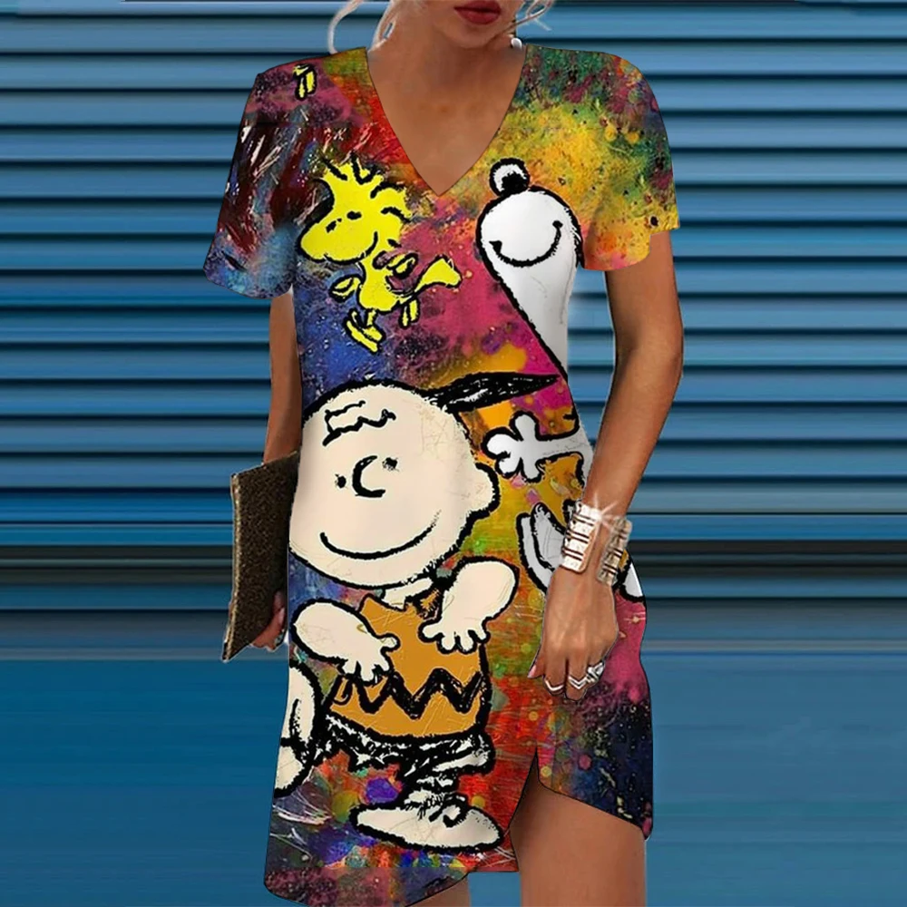 Dames Jurken Zomer Mode Snoopy Print V-Hals Losse Bohemian Vakantie Vrouw Basic Vestidos Met Korte Mouwen