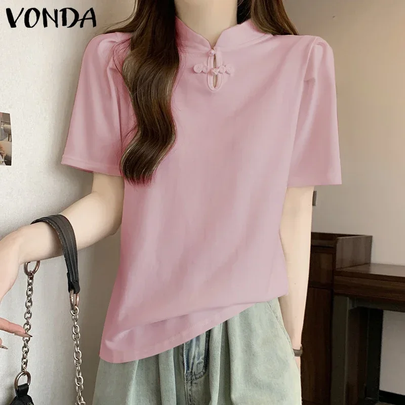 VONDA Elegant Blouse 2025 Summer Tops Women Short Sleeve Stand Collar Solid Color Shirts Tunic Fashion OL Casual Blusas Feminina