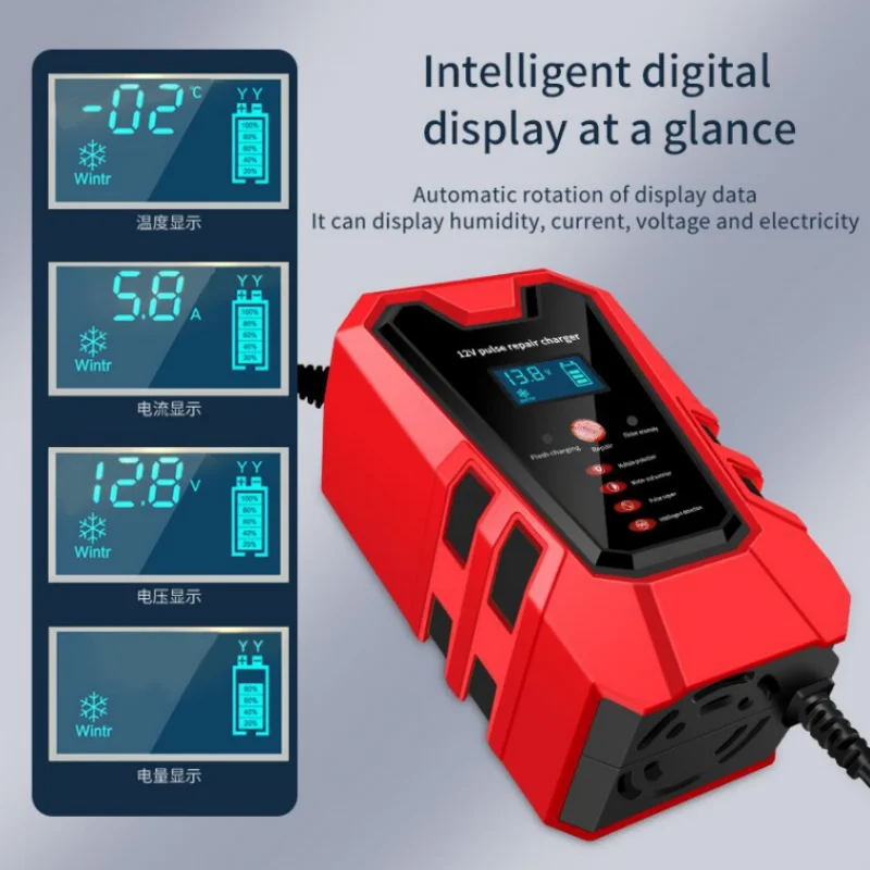 12V Pulse Repair 6A Fast Charge For Car Motorcycle 4AH-100AH Lead-acid Car Battery Charger LCD Display Battery Tester