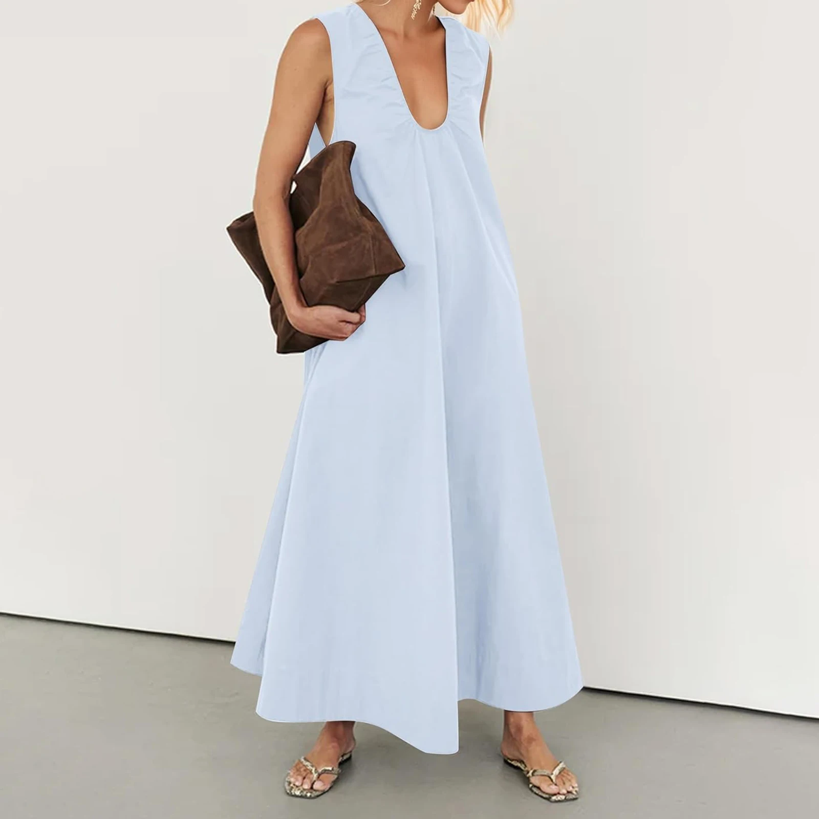 Nowa Modna Damska Letnia Długa Sukienka na Ramiączkach, Jednolity Kolor, Bez Rękawów, Dekolt Okrągły, Marszczenia, Szerokie Ramiona, Luźna Sukienka