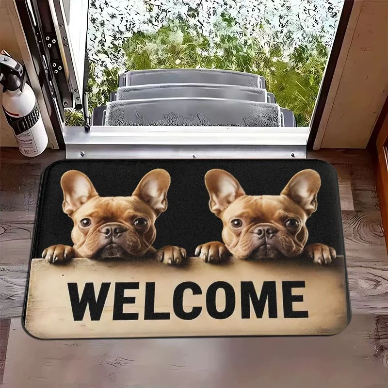 Pet Printed Anti Slip Dust Trapping Doormat Pebble Daisy Welcome French Bulldog Pattern Floor Rug Indoor Home Entryway Mat