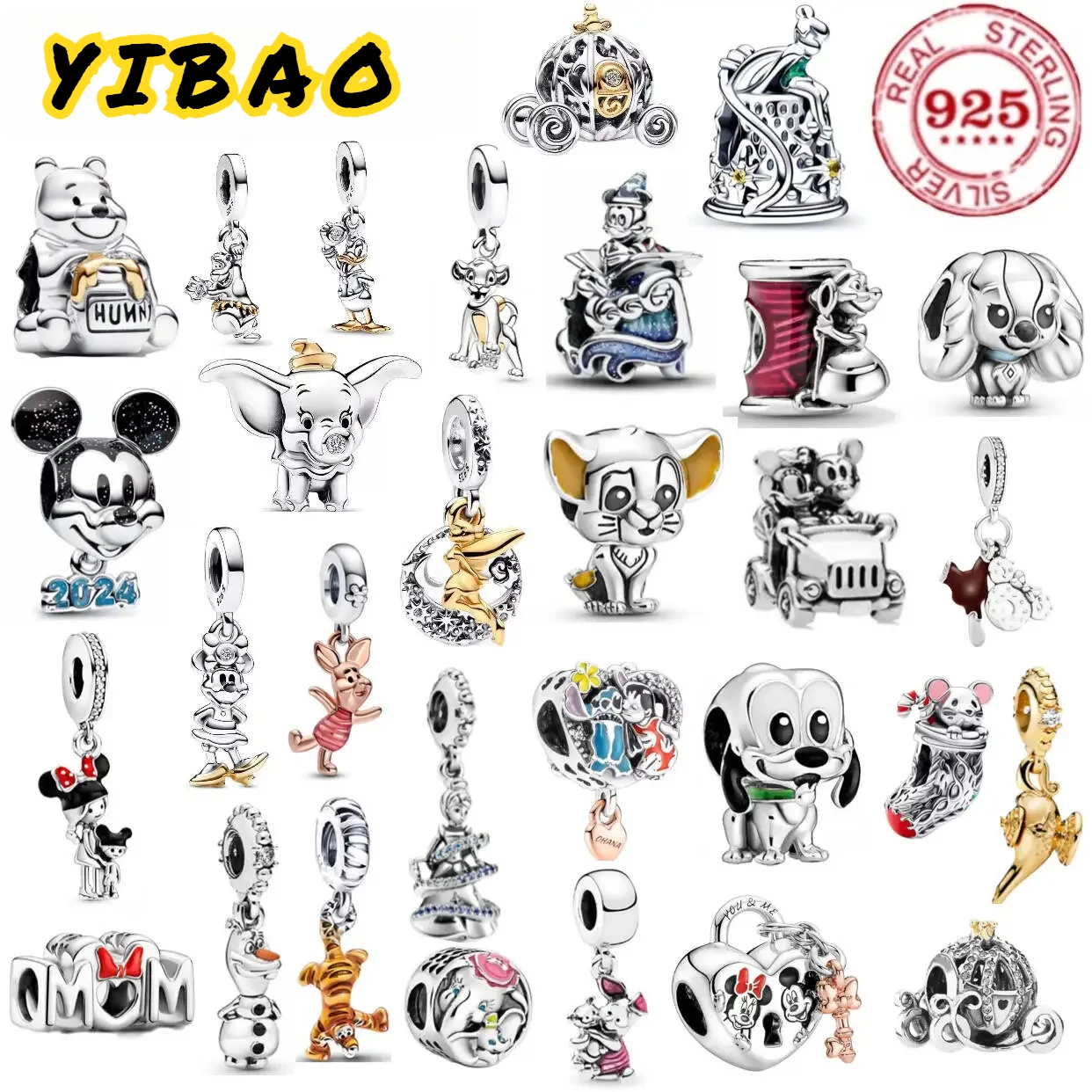 

Fashion 925% pure silver 100th anniversary Disney pink pig Tigger Mickey dog charm pendant for ladies DIY bracelet jewelry gift