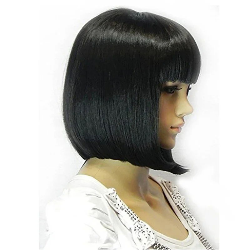 Straight Black Synthetic  Hair Wigs Full Bangs for Women  Bob Wig Heat Resistant bobo Hairstyle Cosplay wigs