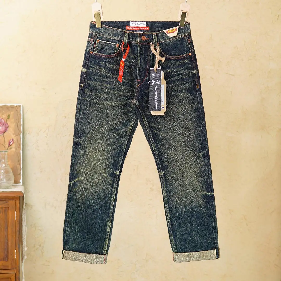 

Washed Selvedge Jeans Men's 17oz - Classic Straight Leg Non-Stretch Denim Pants with Yellow Core Autumn/Winter Heavyweight