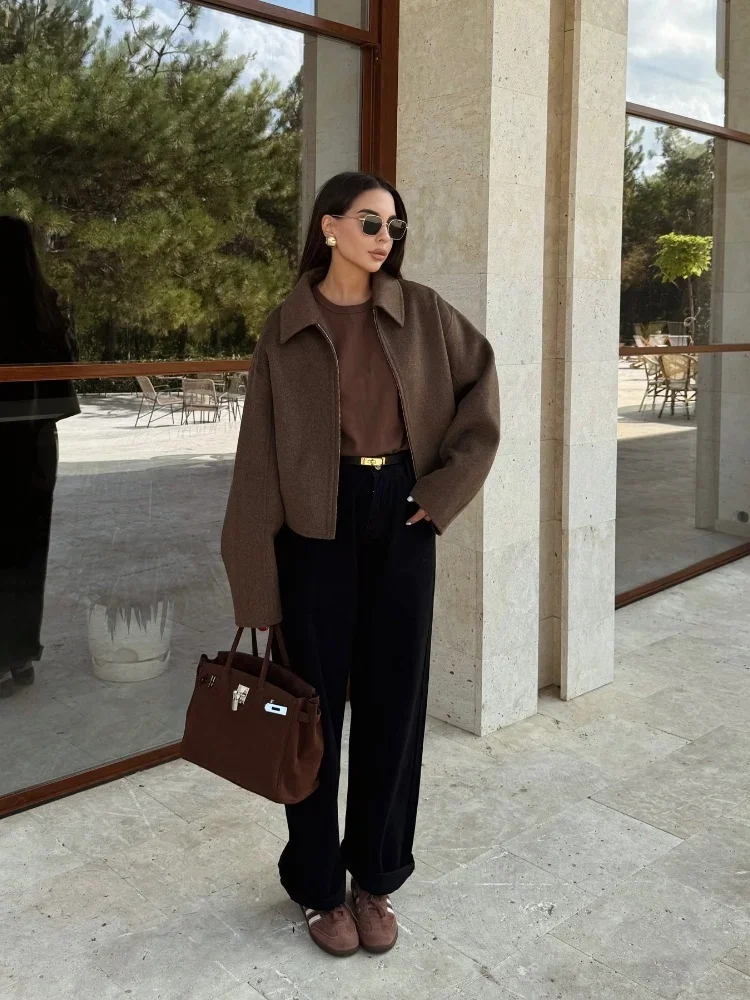 Women Fashion Brown Zipper Woolen Jacket Casual Lapel Long Sleeves Short Coats 2024 Autumn New Lady High Street Outwear