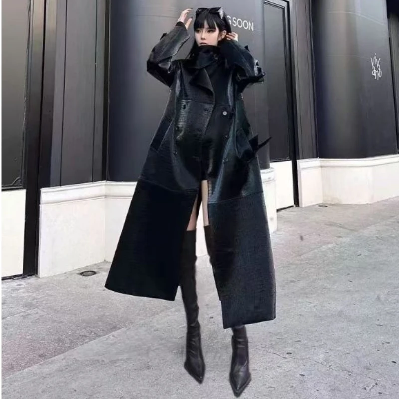 Luxe Hoogwaardige Leren Jas Vrouwen Lange Trenchcoat Double-Breasted Belted Lange Mouwen Revers Ontwerp Bovenkleding Streetwear