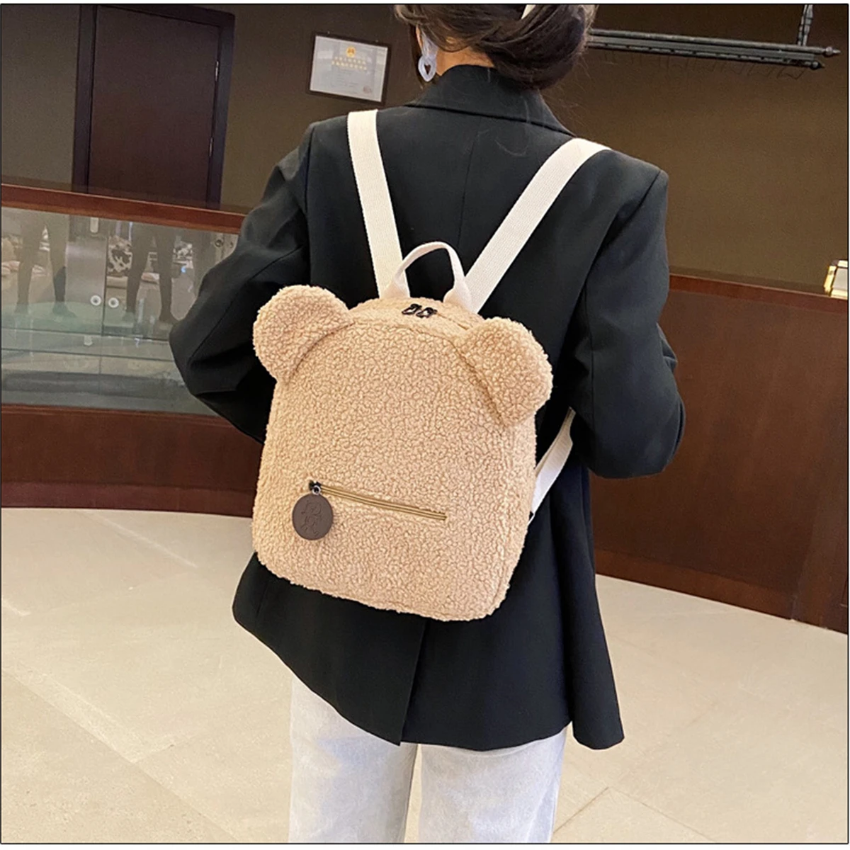 Plush backpack women\'s bag autumn and winter new Korean version cute little bear ear backpack girls\' parent-child bag-LJX