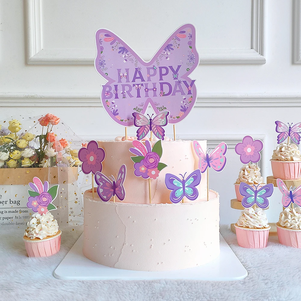 Pink Purple Butterfly Banner Pull Flag Cake Card Decor Disposable Tableware Baby Shower Wedding Girl  Birthday Party Supplies