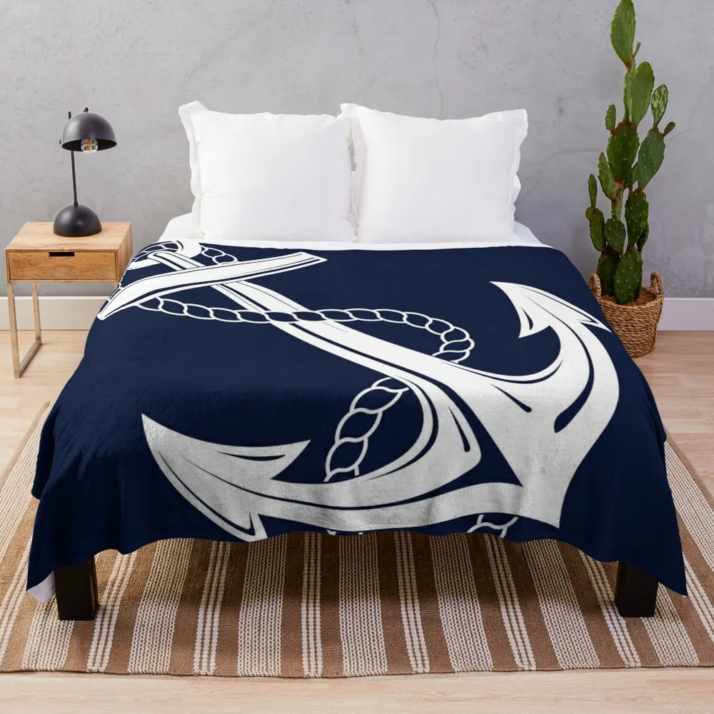 

Anchor Nautical White & Navy Throw Blanket All Season Lightweight Soft Blanket for Bed