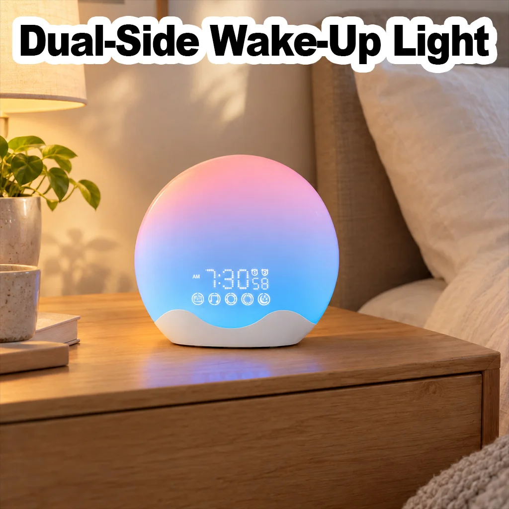 Dual-Side Shell Sunrise Alarm Lamp 12 Color Modes Touch Panel 9 Minute Snooze Dimmable Display Sunset Simulation for Bedroom