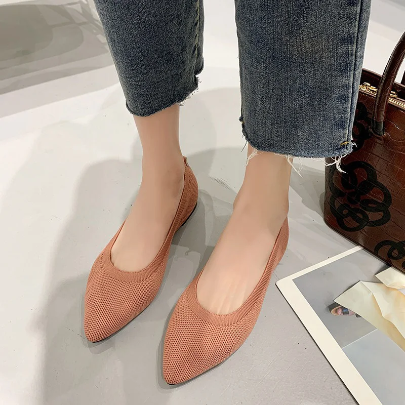 2024 Elegant Woman Daily Lightweight Outside Pointed Toe Flats Female Breathable Casual Soft Office Red Pink Concise Weave Shoes