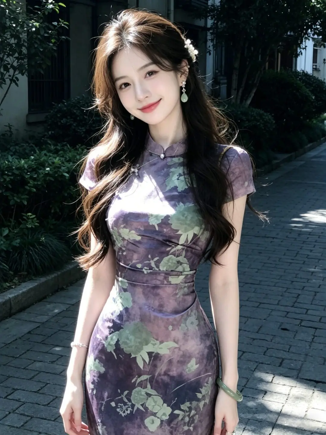 

Elegant Purple Floral Print Qipao Dress Slimming Women's Summer Dress Stylish And Beautiful Personality Long Sleeve Maxi Dress